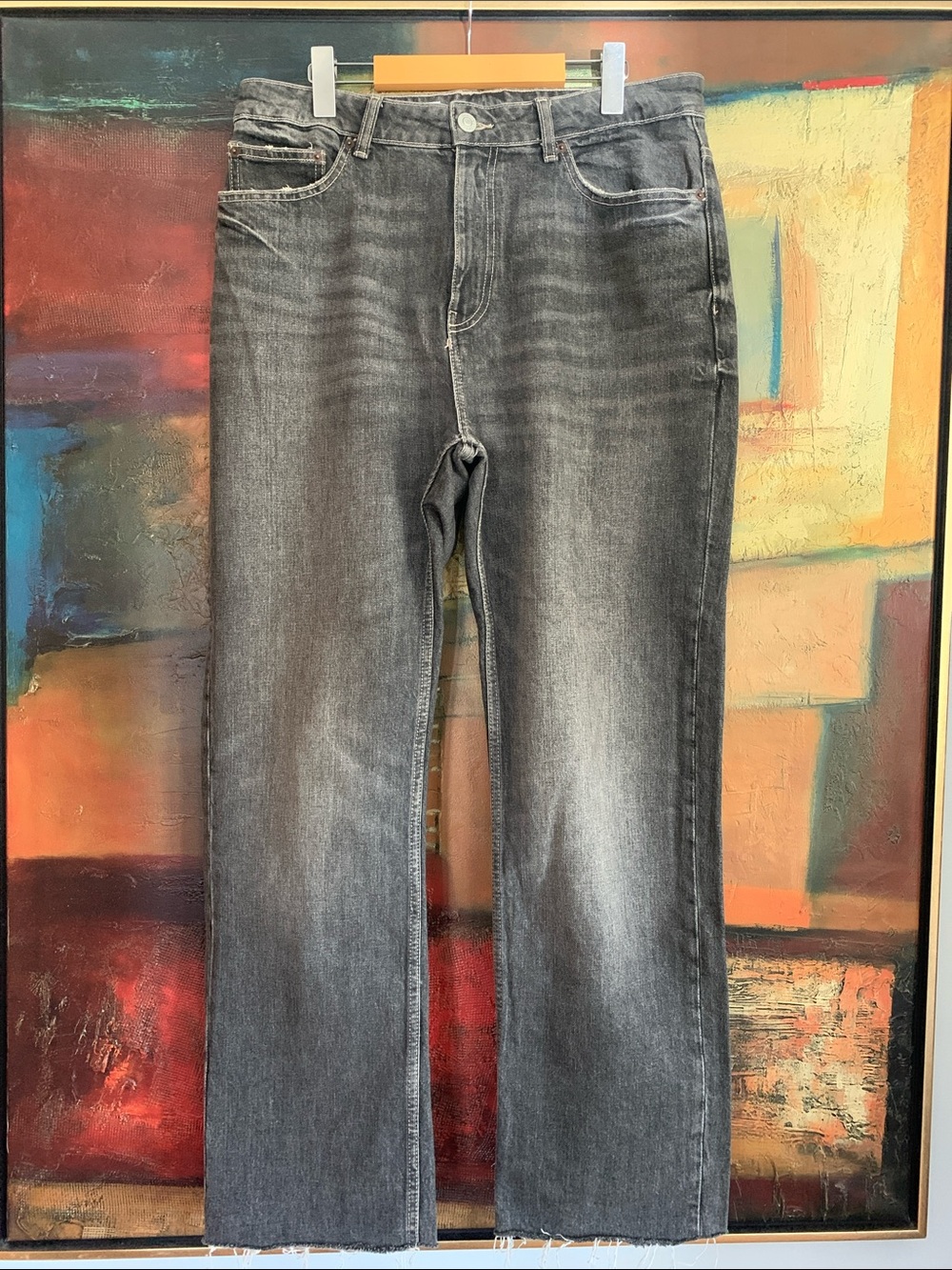 Zara High Rise Wide Leg Raw Hem Faded Black Jeans Size 12